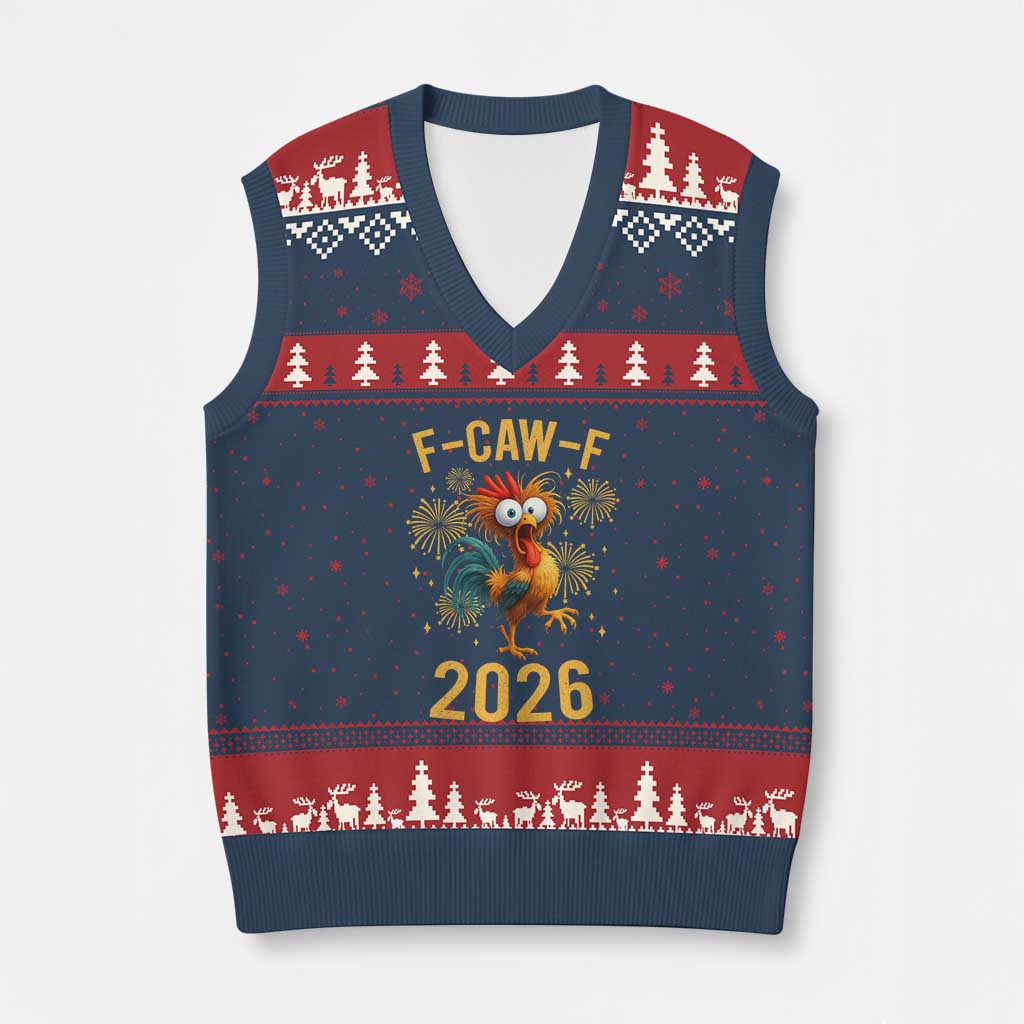 F Caw F 2026 Happy New Year V-Neck Knit Sweater Vest Funny Chicken Rooster - Wonder Print Shop