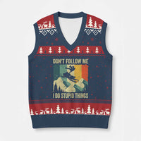 Funny Snowmobile V-Neck Knit Sweater Vest Don't Follow Me I Do Stupid Things Winter Sport - Wonder Print Shop