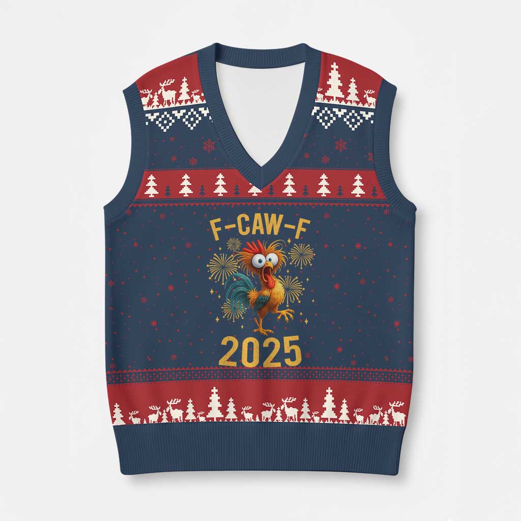 F Caw F 2025 Happy New Year 2026 V-Neck Knit Sweater Vest Funny Chicken Rooster - Wonder Print Shop