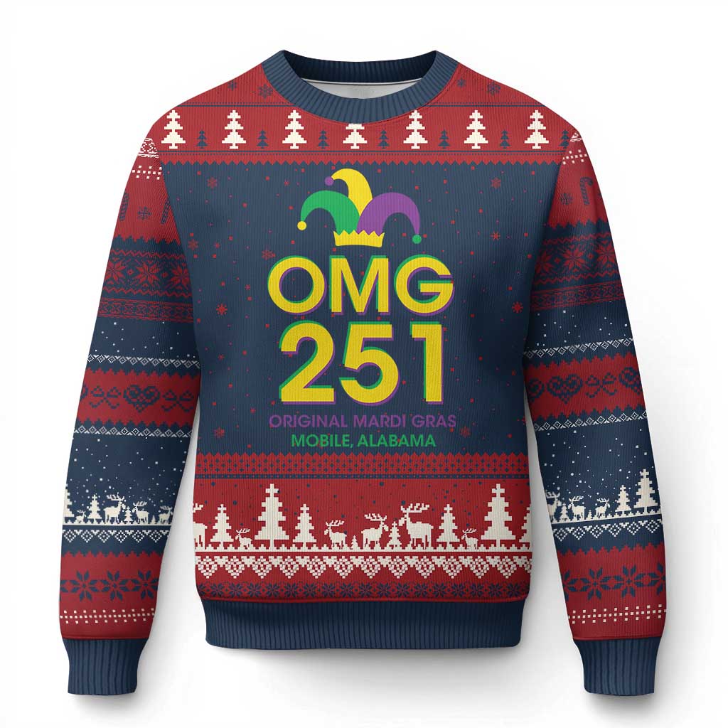 Funny Mardi Gras In Mobile Alabama Ugly Christmas Sweater OMG 251 Original Mardi Gras Jester Hat