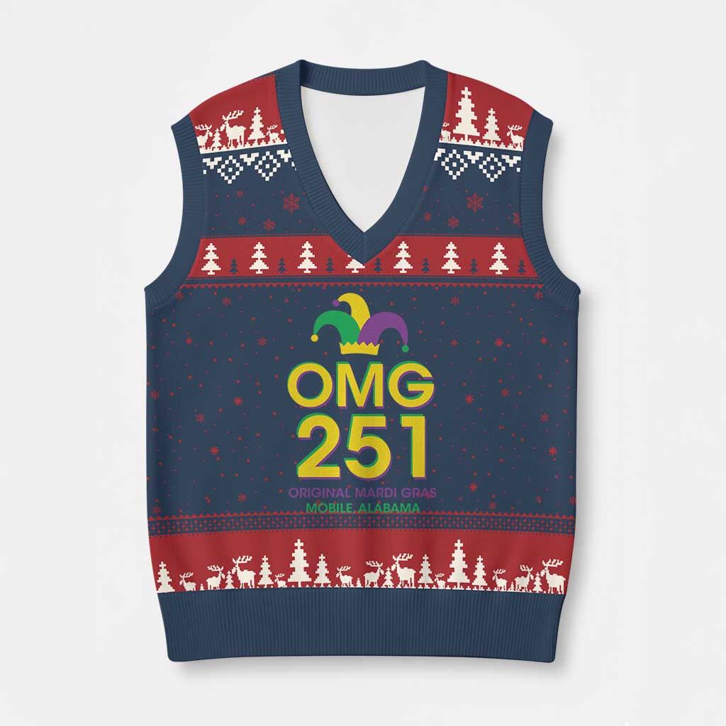 Funny Mardi Gras In Mobile Alabama V-Neck Knit Sweater Vest OMG 251 Original Mardi Gras Jester Hat