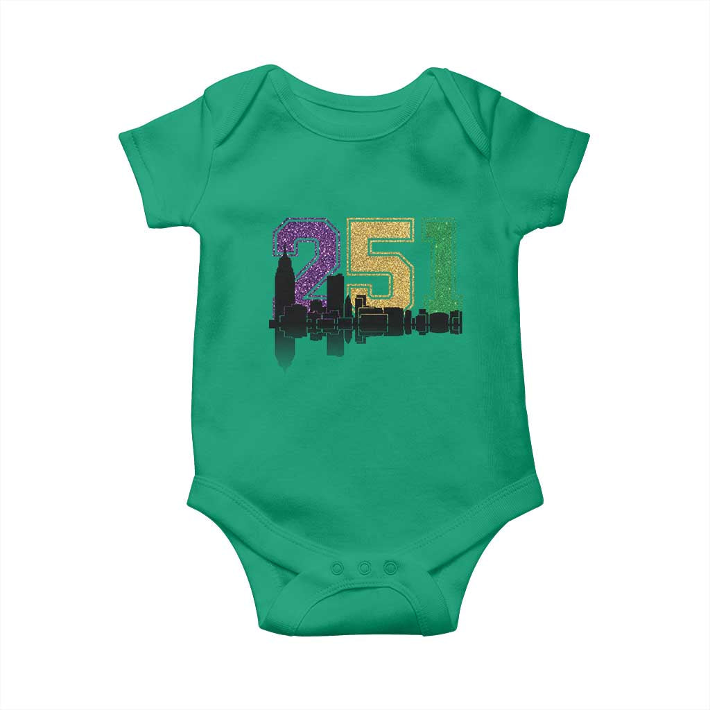 Funny Mardi Gras Mobile Alabama Baby Onesie 251 Skyline Area Code Glitter Print