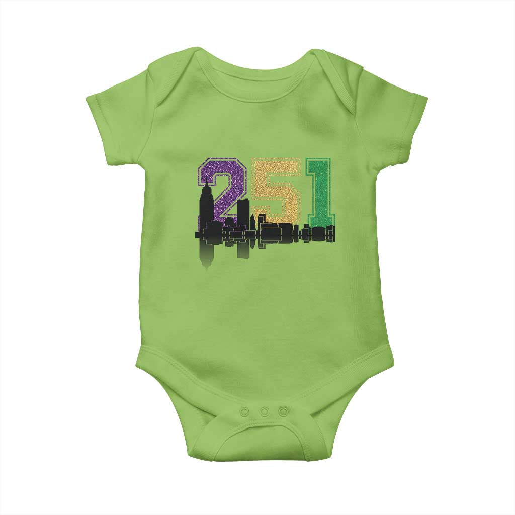 Funny Mardi Gras Mobile Alabama Baby Onesie 251 Skyline Area Code Glitter Print