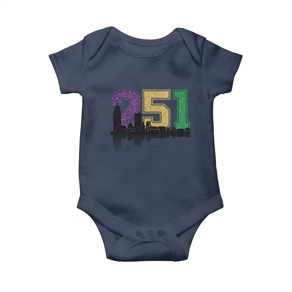 Funny Mardi Gras Mobile Alabama Baby Onesie 251 Skyline Area Code Glitter Print