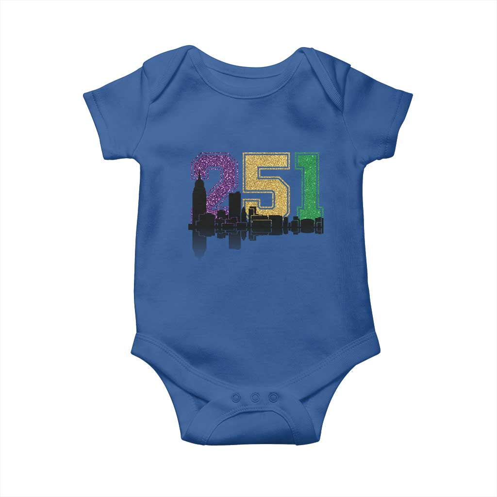 Funny Mardi Gras Mobile Alabama Baby Onesie 251 Skyline Area Code Glitter Print