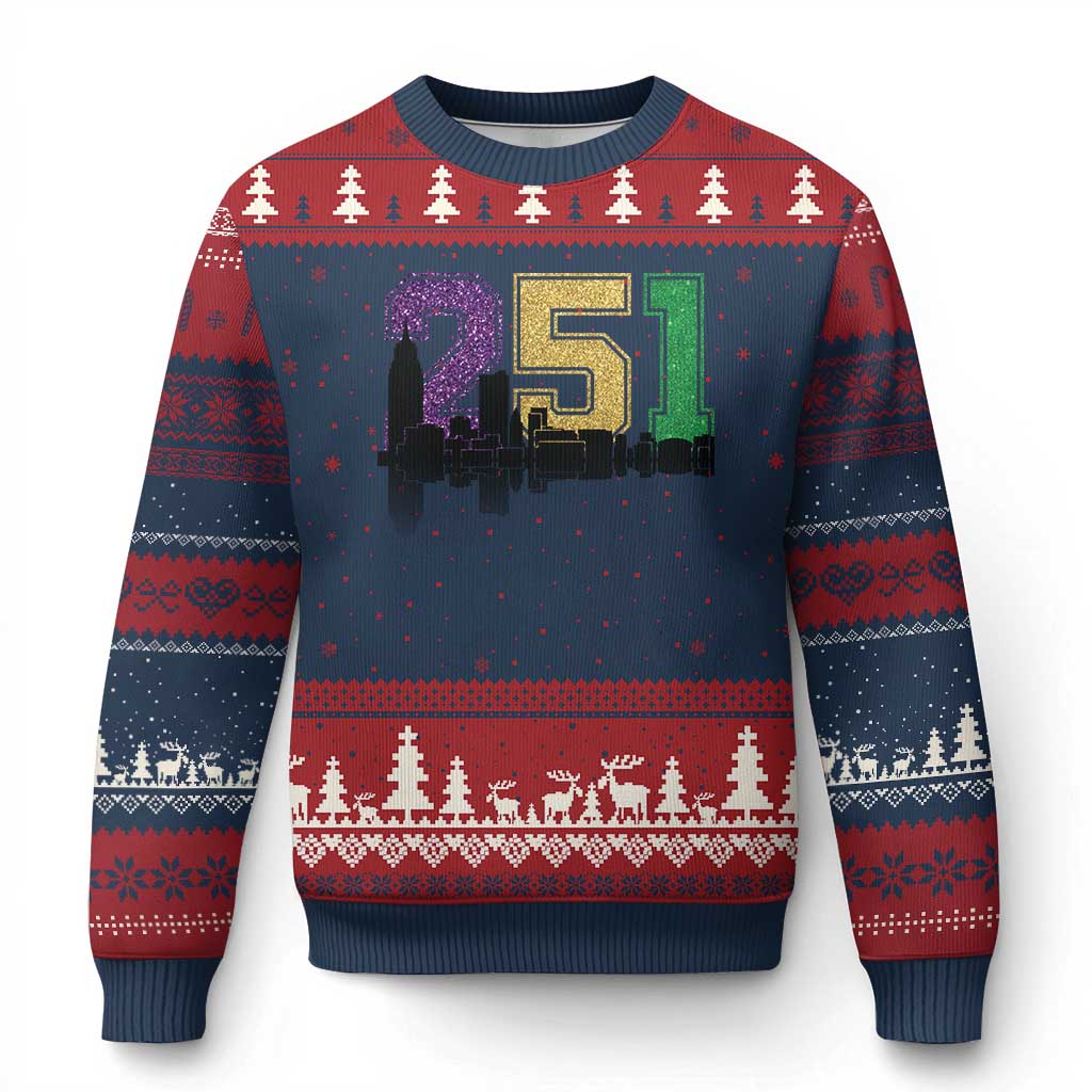Funny Mardi Gras Mobile Alabama Ugly Christmas Sweater 251 Skyline Area Code Glitter Print