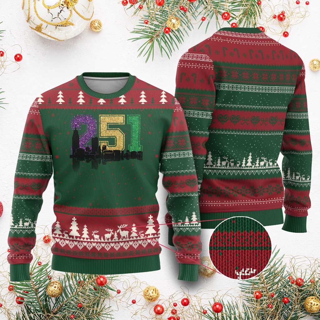 Funny Mardi Gras Mobile Alabama Ugly Christmas Sweater 251 Skyline Area Code Glitter Print