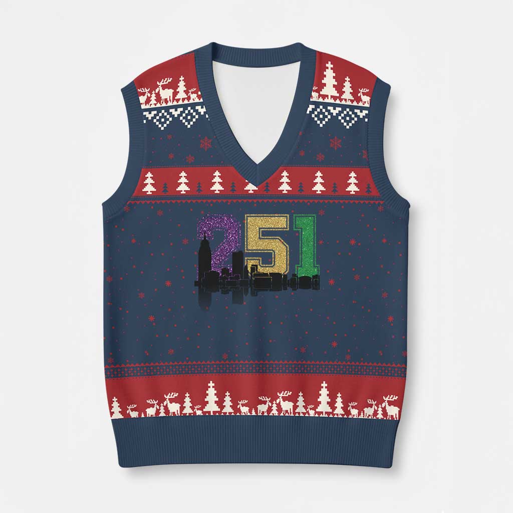 Funny Mardi Gras Mobile Alabama V-Neck Knit Sweater Vest 251 Skyline Area Code Glitter Print