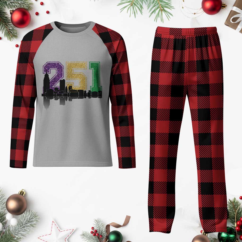 Funny Mardi Gras Mobile Alabama Plaid Pajama Set 251 Skyline Area Code Glitter Print