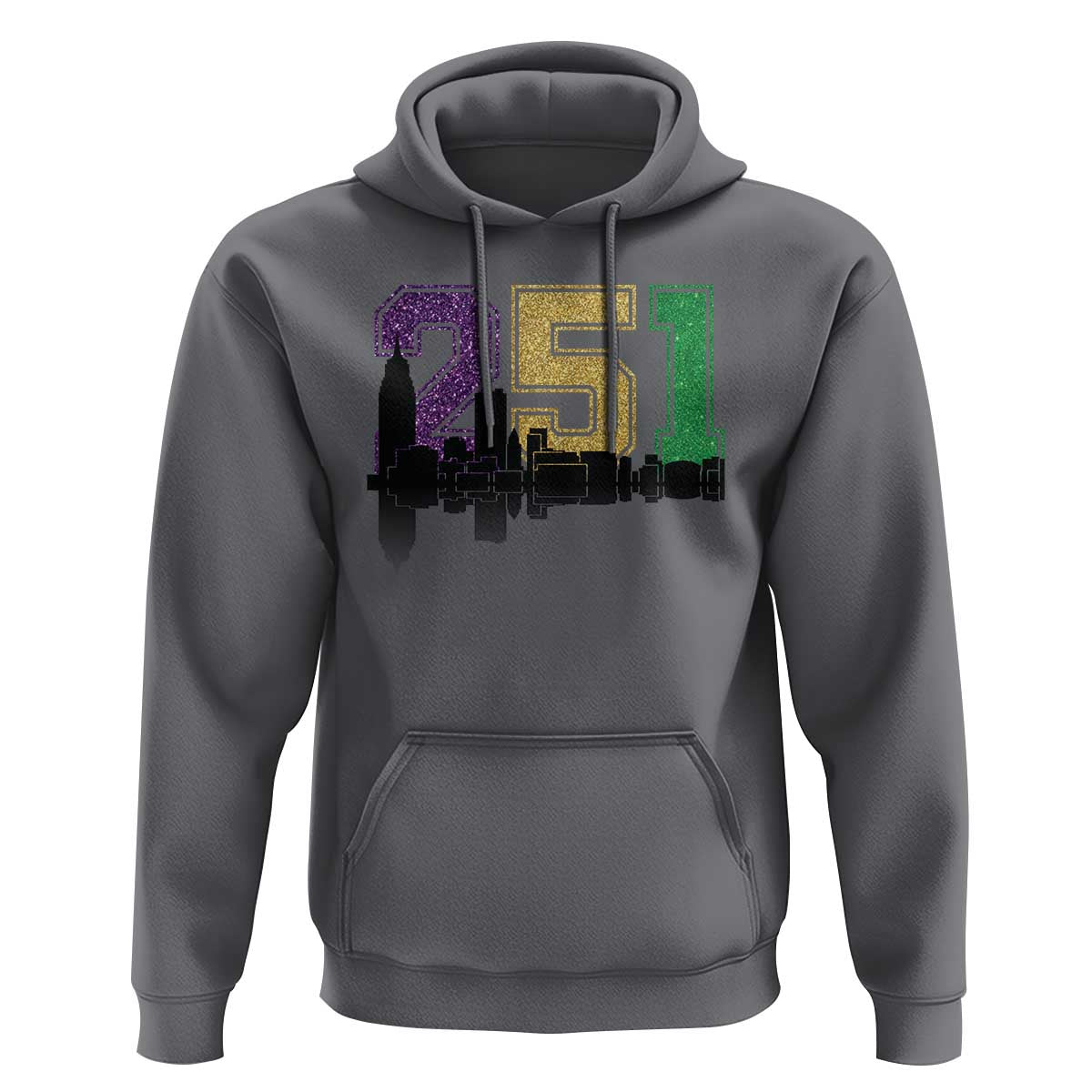 Funny Mardi Gras Mobile Alabama Hoodie 251 Skyline Area Code Glitter Print