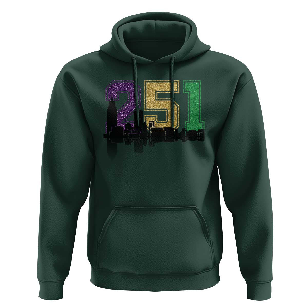Funny Mardi Gras Mobile Alabama Hoodie 251 Skyline Area Code Glitter Print