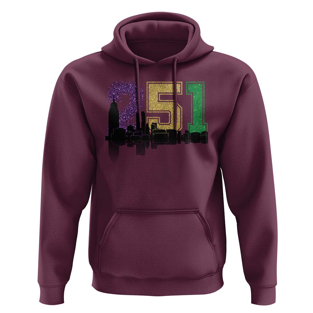 Funny Mardi Gras Mobile Alabama Hoodie 251 Skyline Area Code Glitter Print