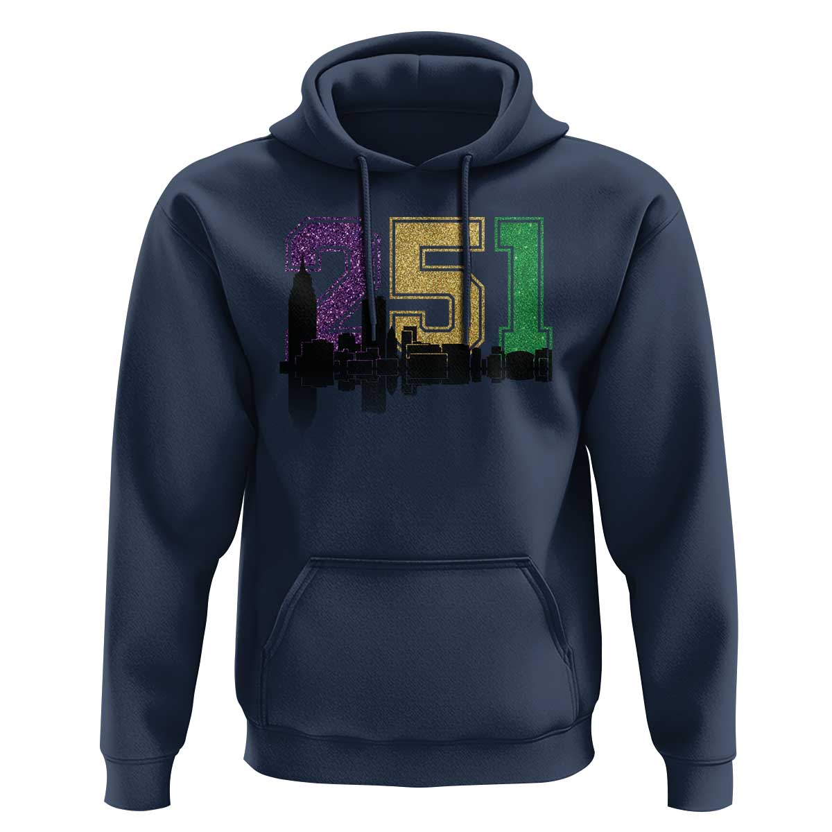 Funny Mardi Gras Mobile Alabama Hoodie 251 Skyline Area Code Glitter Print