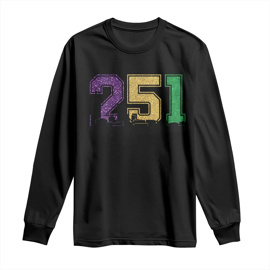 Funny Mardi Gras Mobile Alabama Long Sleeve Shirt 251 Skyline Area Code Glitter Print