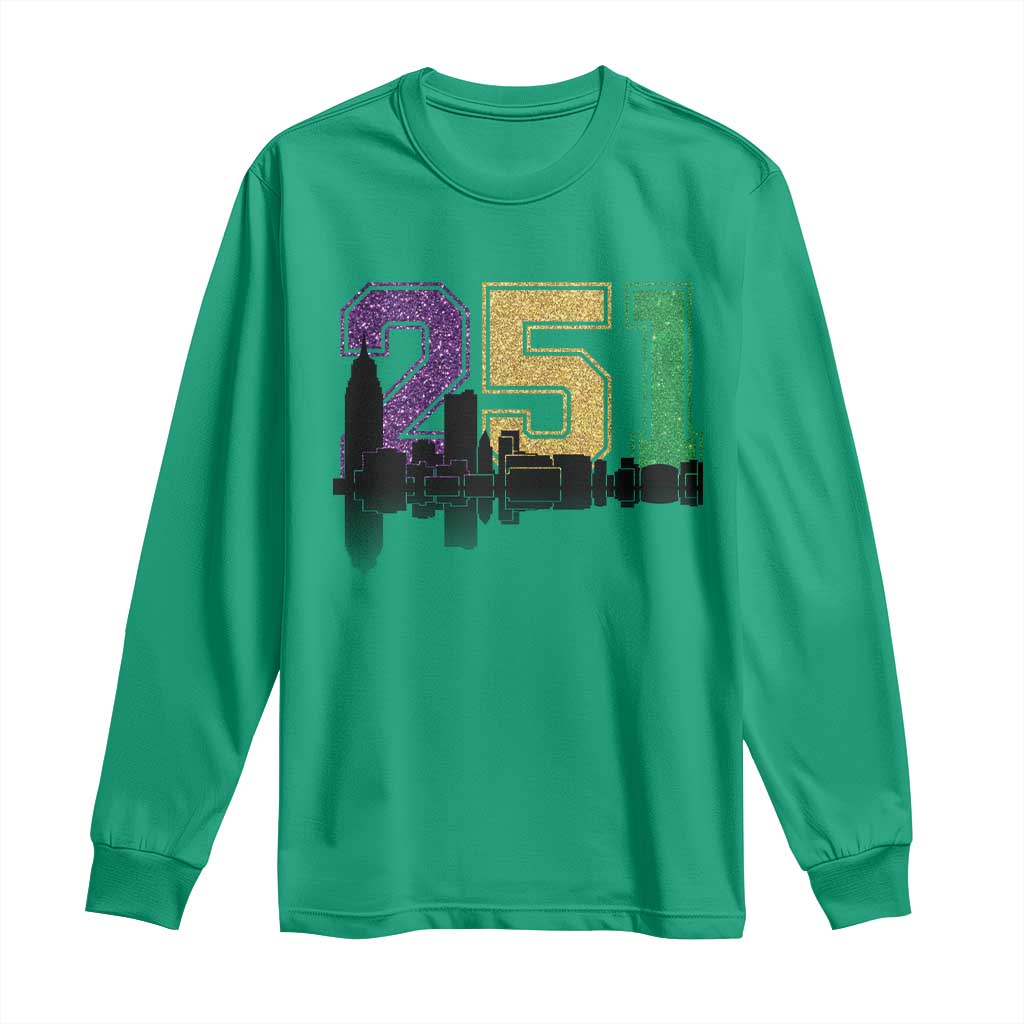 Funny Mardi Gras Mobile Alabama Long Sleeve Shirt 251 Skyline Area Code Glitter Print
