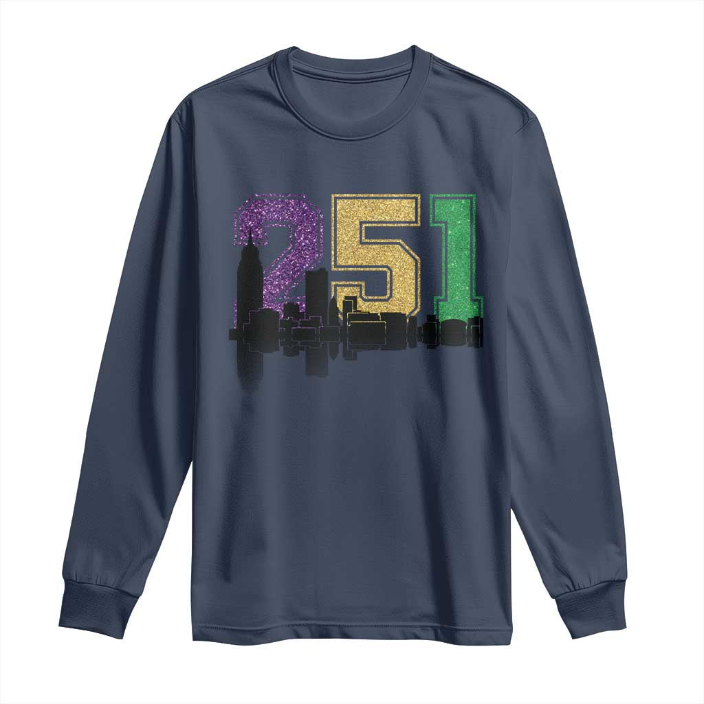 Funny Mardi Gras Mobile Alabama Long Sleeve Shirt 251 Skyline Area Code Glitter Print