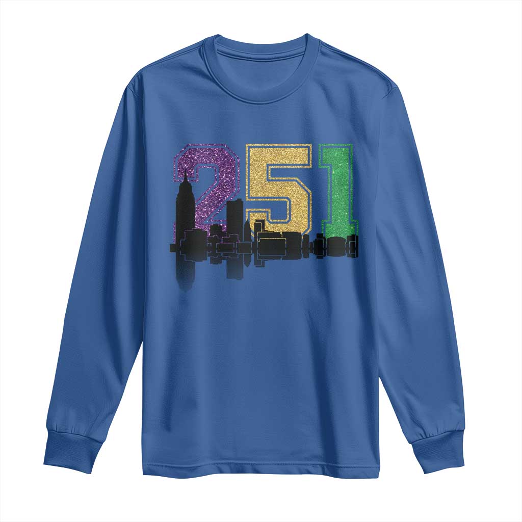 Funny Mardi Gras Mobile Alabama Long Sleeve Shirt 251 Skyline Area Code Glitter Print