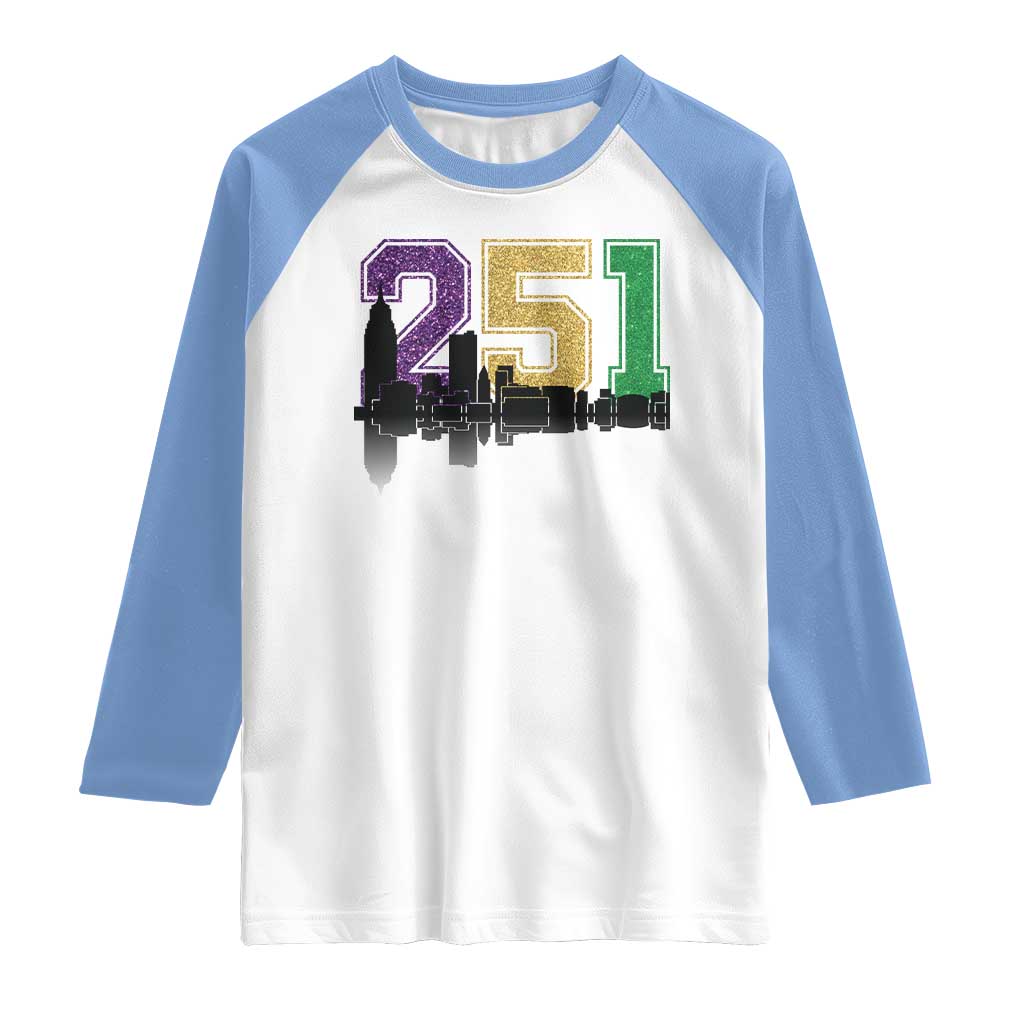 Funny Mardi Gras Mobile Alabama Raglan Shirt 251 Skyline Area Code Glitter Print