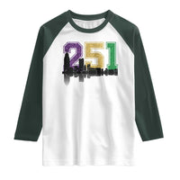 Funny Mardi Gras Mobile Alabama Raglan Shirt 251 Skyline Area Code Glitter Print