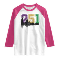 Funny Mardi Gras Mobile Alabama Raglan Shirt 251 Skyline Area Code Glitter Print
