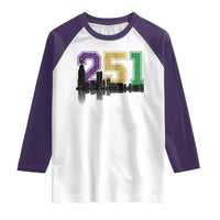 Funny Mardi Gras Mobile Alabama Raglan Shirt 251 Skyline Area Code Glitter Print