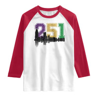 Funny Mardi Gras Mobile Alabama Raglan Shirt 251 Skyline Area Code Glitter Print