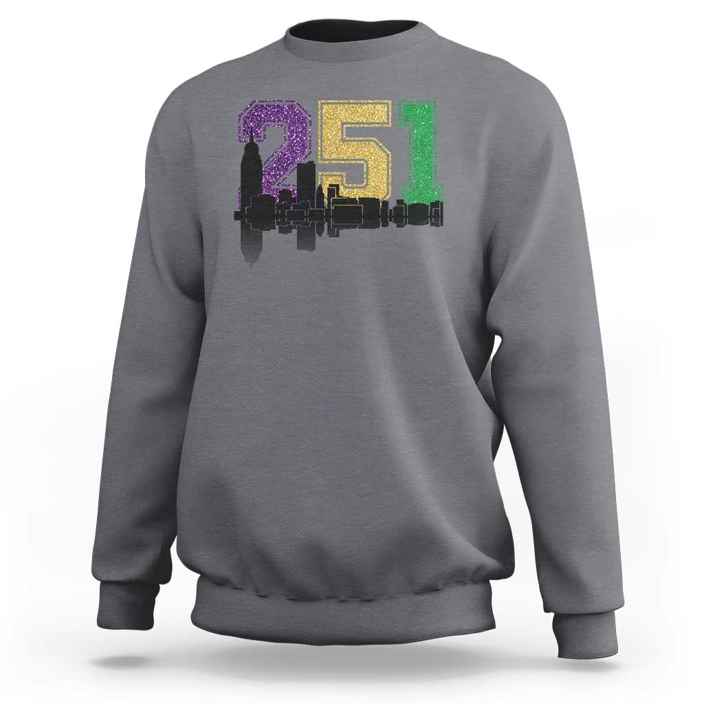 Funny Mardi Gras Mobile Alabama Sweatshirt 251 Skyline Area Code Glitter Print