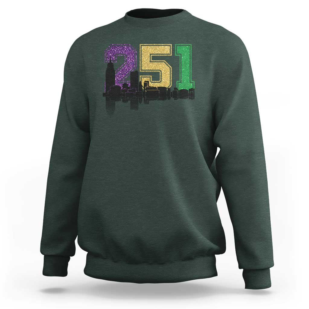 Funny Mardi Gras Mobile Alabama Sweatshirt 251 Skyline Area Code Glitter Print
