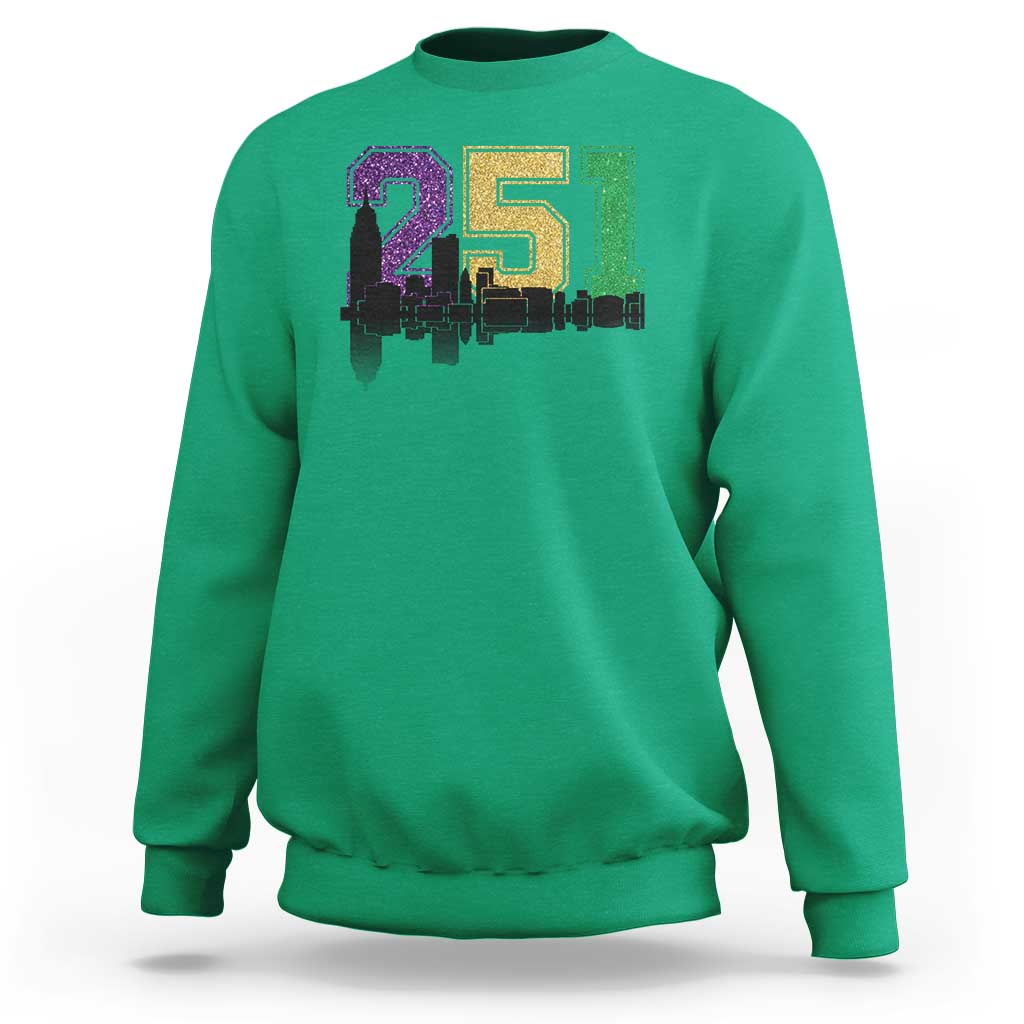 Funny Mardi Gras Mobile Alabama Sweatshirt 251 Skyline Area Code Glitter Print