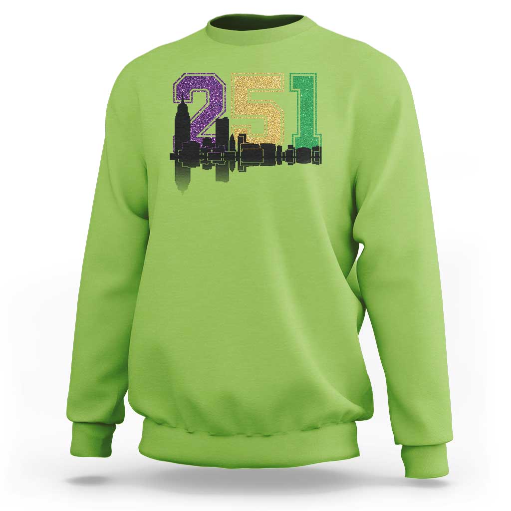 Funny Mardi Gras Mobile Alabama Sweatshirt 251 Skyline Area Code Glitter Print