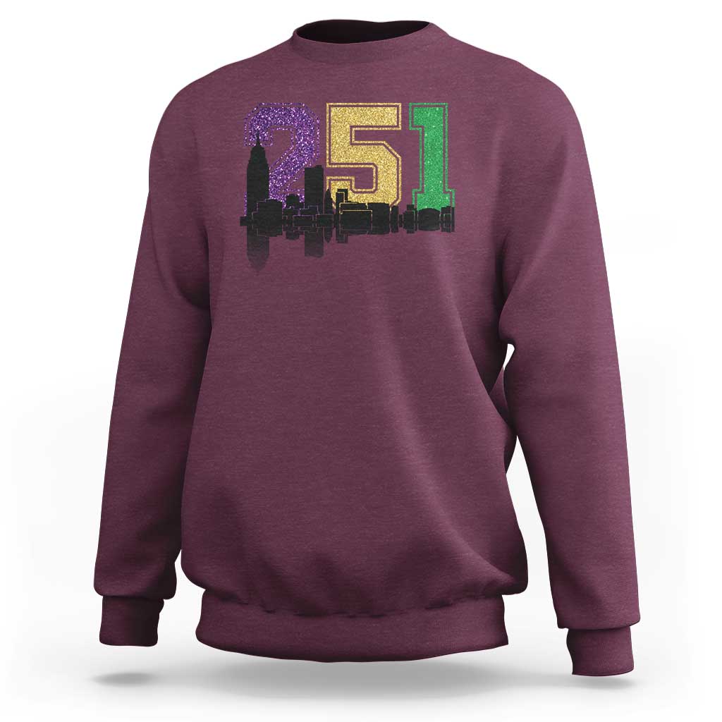Funny Mardi Gras Mobile Alabama Sweatshirt 251 Skyline Area Code Glitter Print