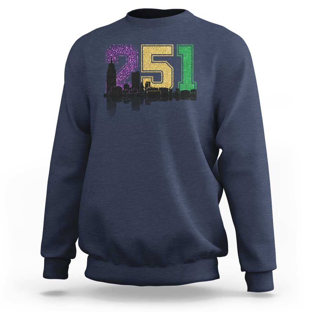 Funny Mardi Gras Mobile Alabama Sweatshirt 251 Skyline Area Code Glitter Print