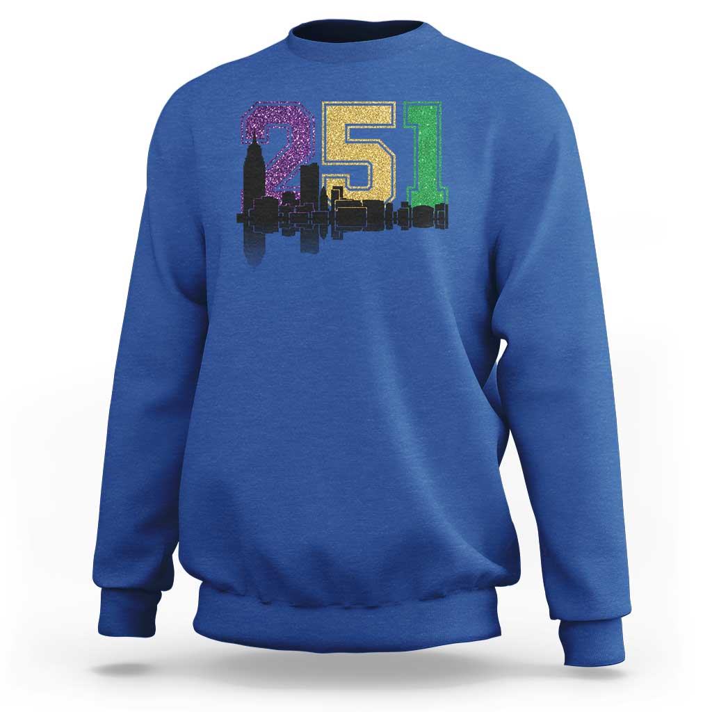 Funny Mardi Gras Mobile Alabama Sweatshirt 251 Skyline Area Code Glitter Print