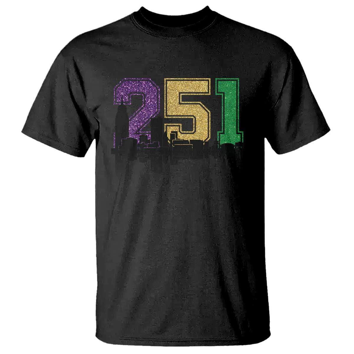 Funny Mardi Gras Mobile Alabama T Shirt 251 Skyline Area Code Glitter Print