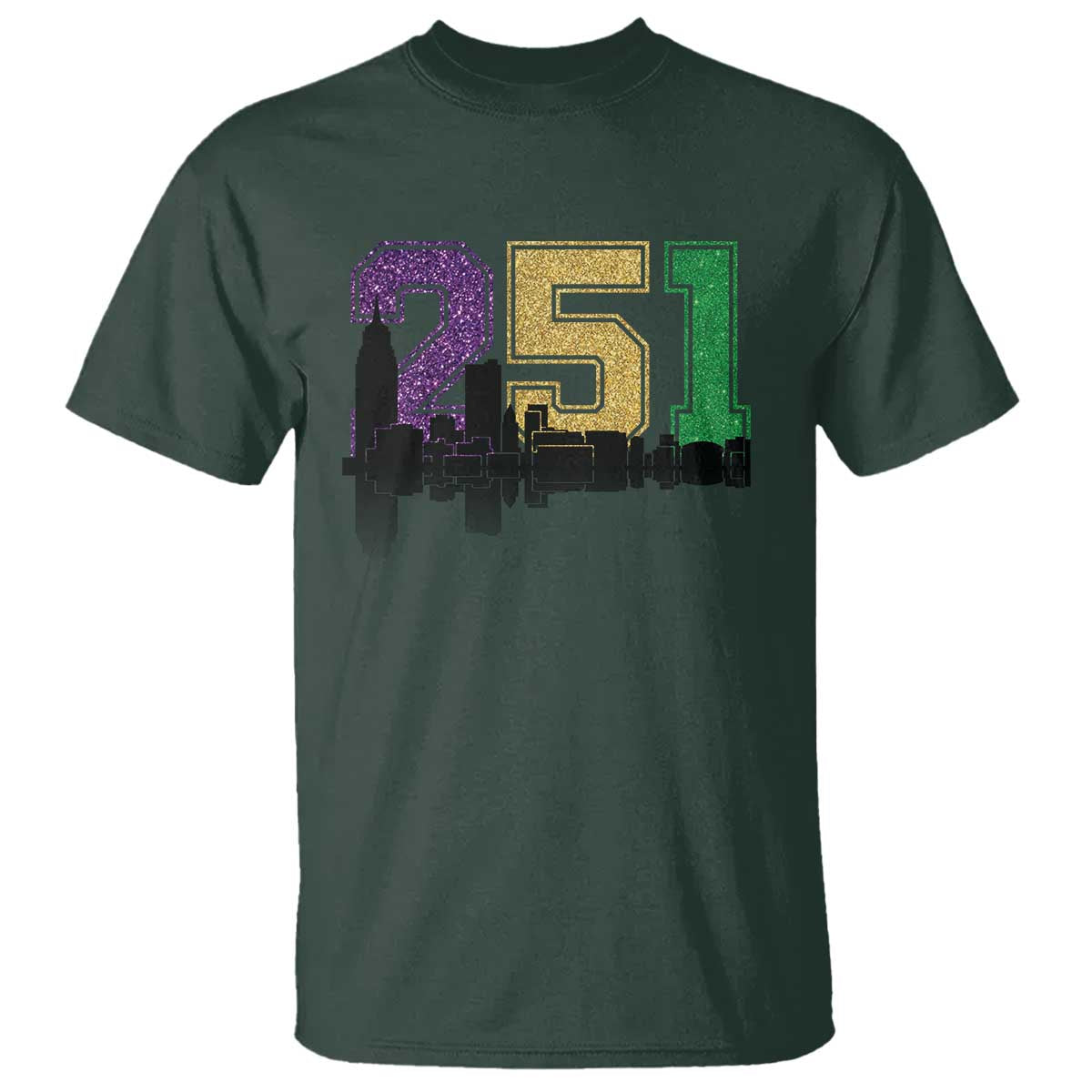 Funny Mardi Gras Mobile Alabama T Shirt 251 Skyline Area Code Glitter Print