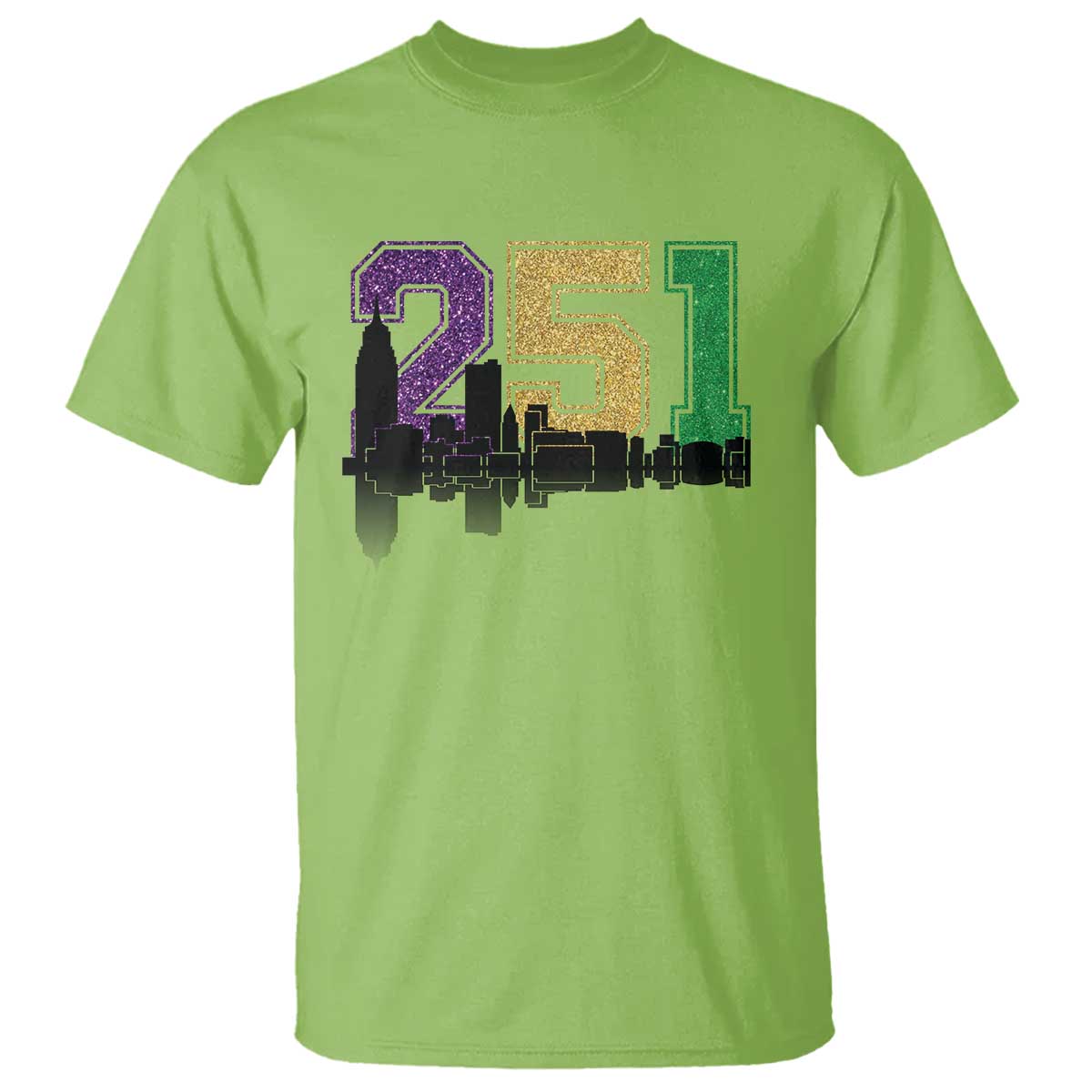 Funny Mardi Gras Mobile Alabama T Shirt 251 Skyline Area Code Glitter Print