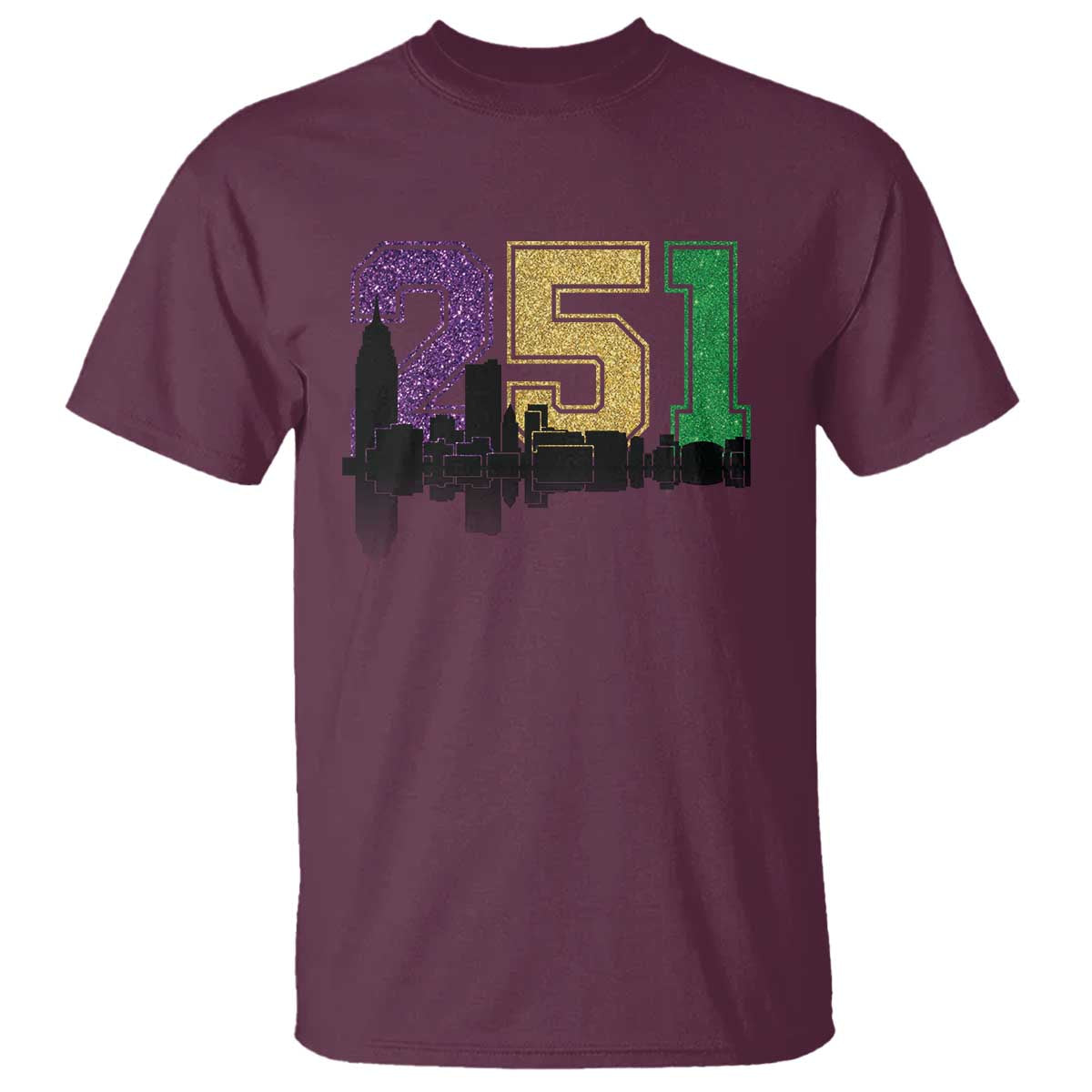 Funny Mardi Gras Mobile Alabama T Shirt 251 Skyline Area Code Glitter Print