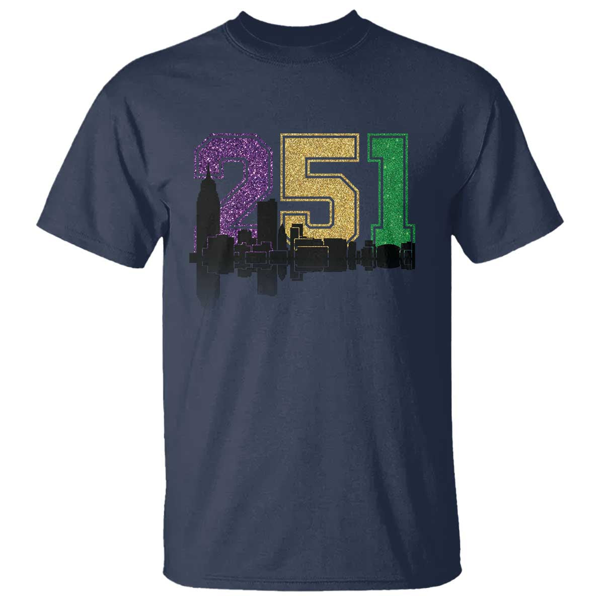 Funny Mardi Gras Mobile Alabama T Shirt 251 Skyline Area Code Glitter Print