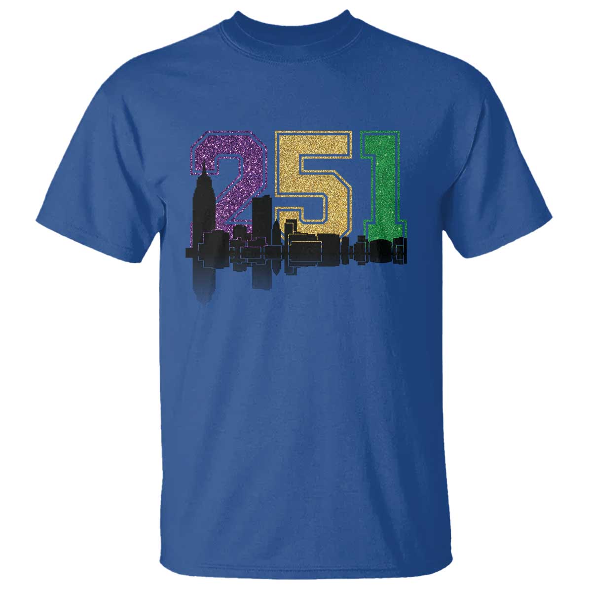 Funny Mardi Gras Mobile Alabama T Shirt 251 Skyline Area Code Glitter Print