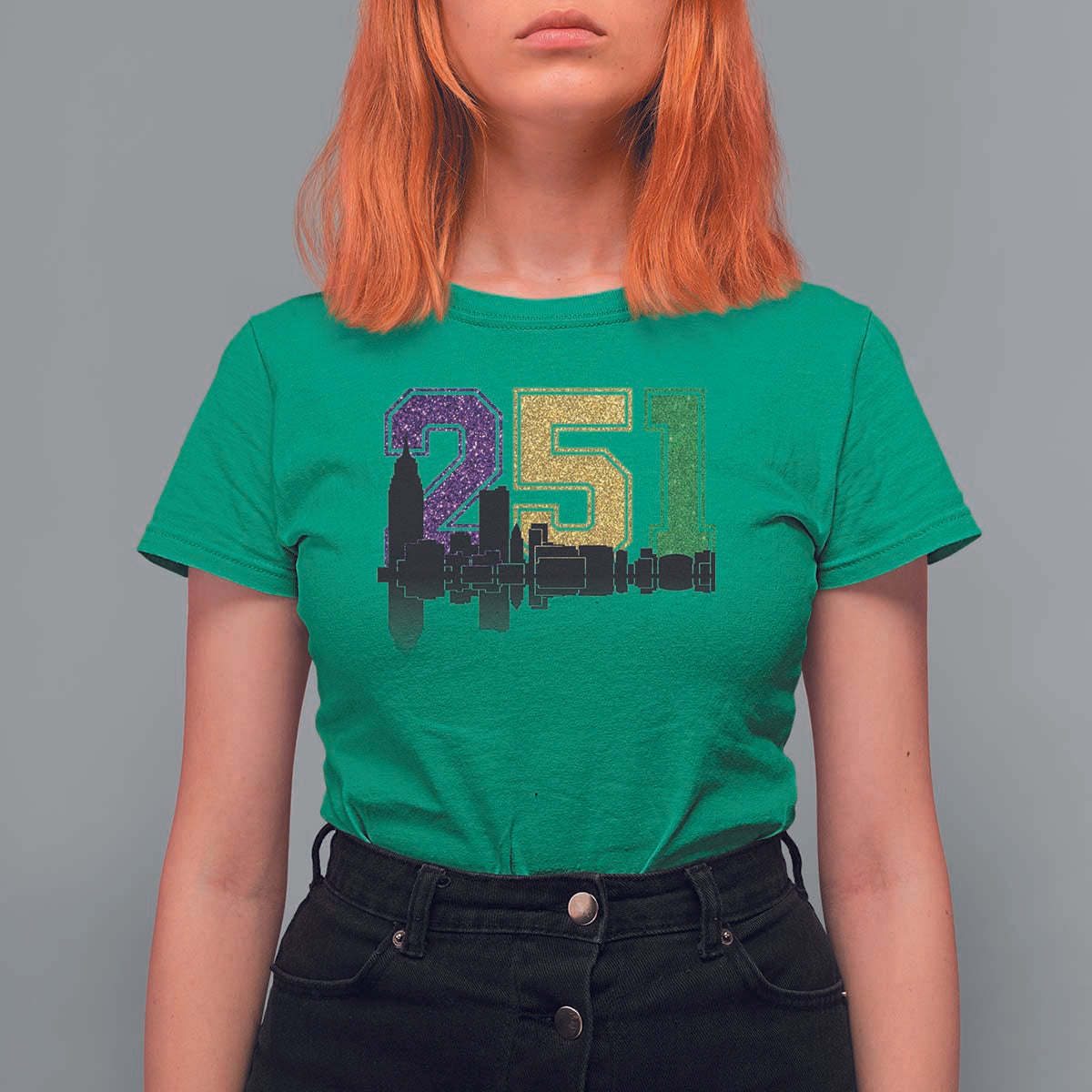 Funny Mardi Gras Mobile Alabama T Shirt For Women 251 Skyline Area Code Glitter Print