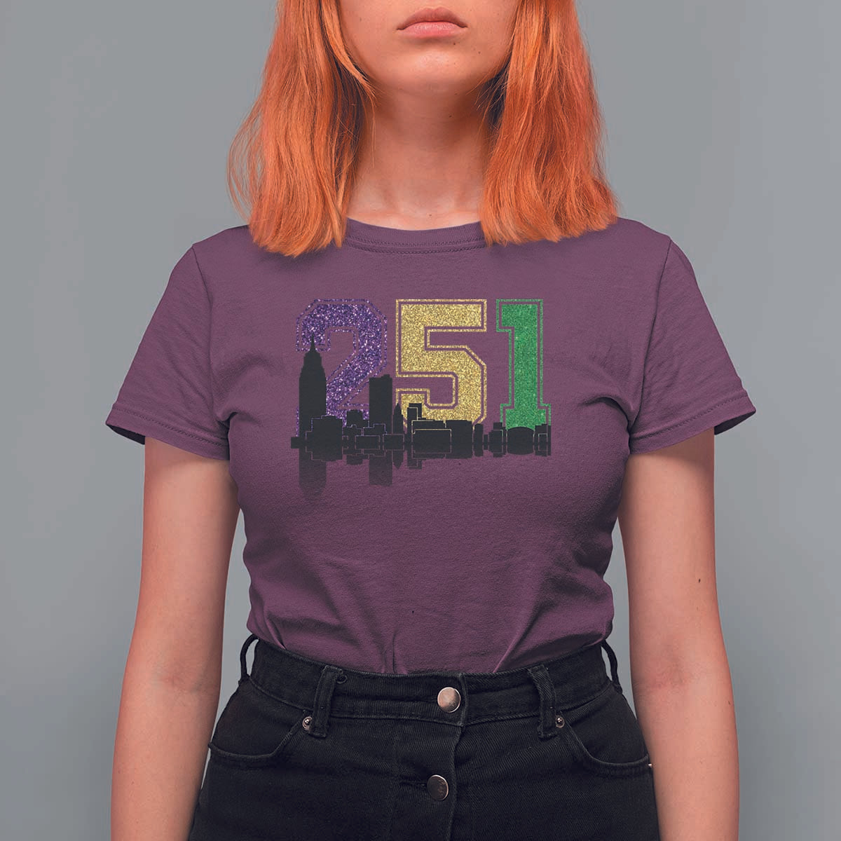 Funny Mardi Gras Mobile Alabama T Shirt For Women 251 Skyline Area Code Glitter Print