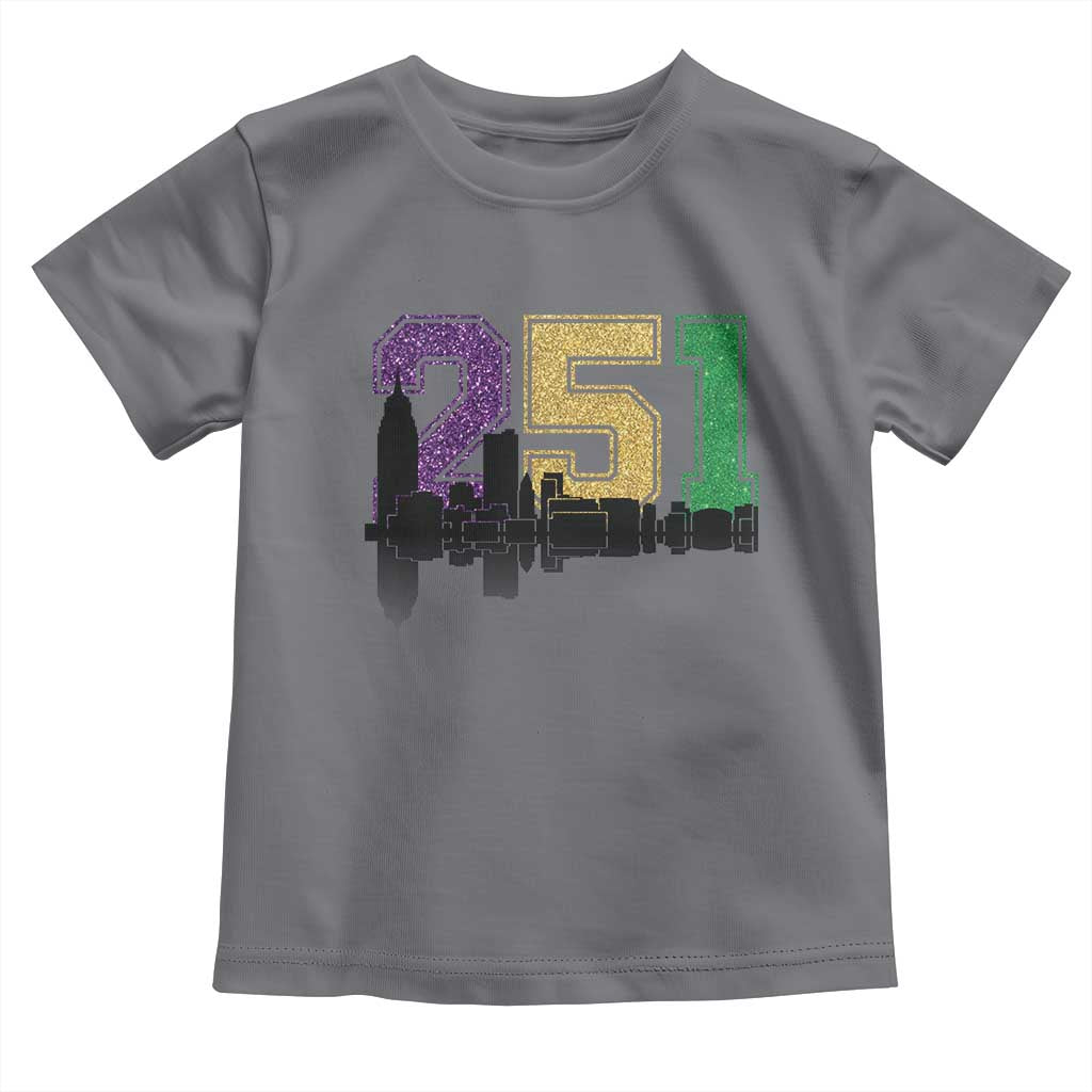 Funny Mardi Gras Mobile Alabama Toddler T Shirt 251 Skyline Area Code Glitter Print