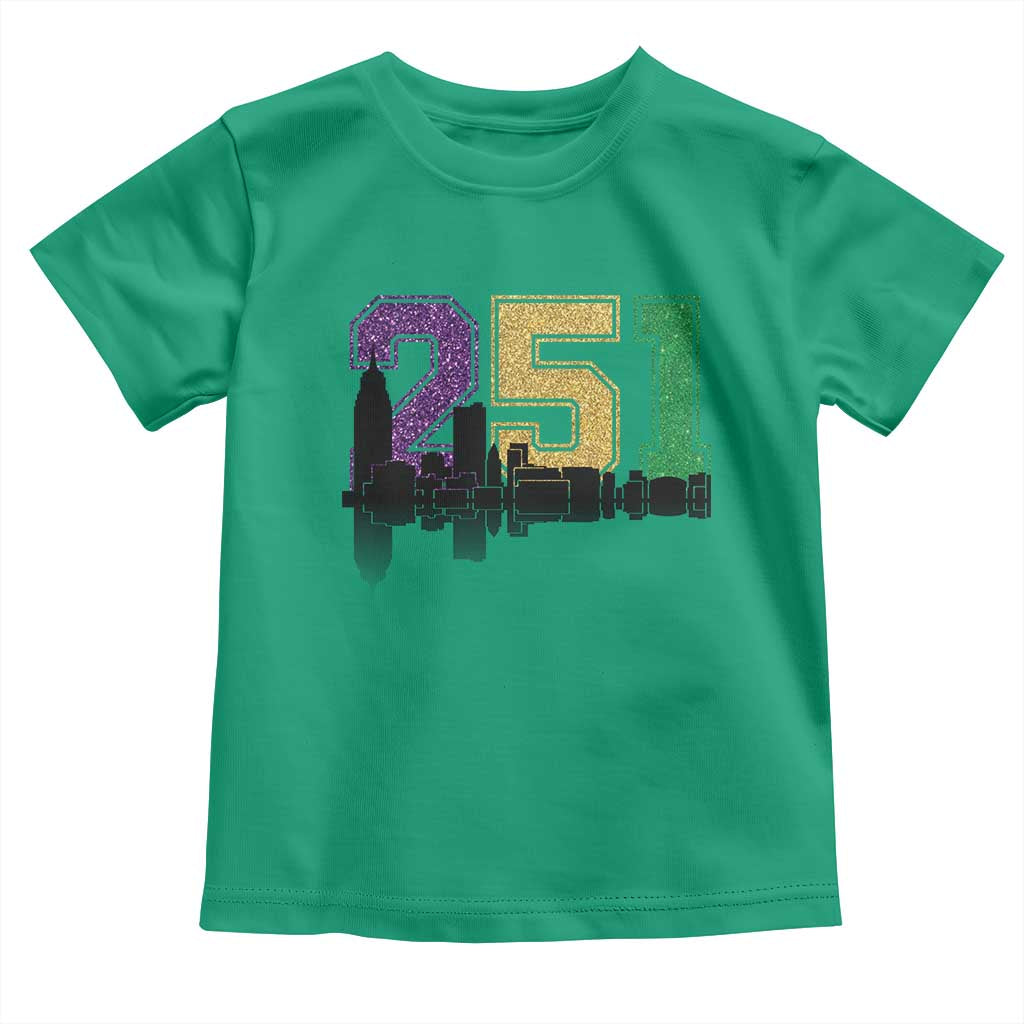 Funny Mardi Gras Mobile Alabama Toddler T Shirt 251 Skyline Area Code Glitter Print