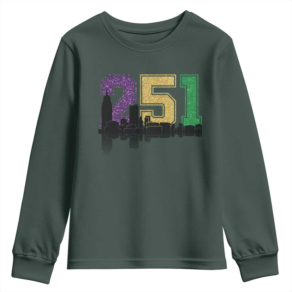 Funny Mardi Gras Mobile Alabama Youth Sweatshirt 251 Skyline Area Code Glitter Print