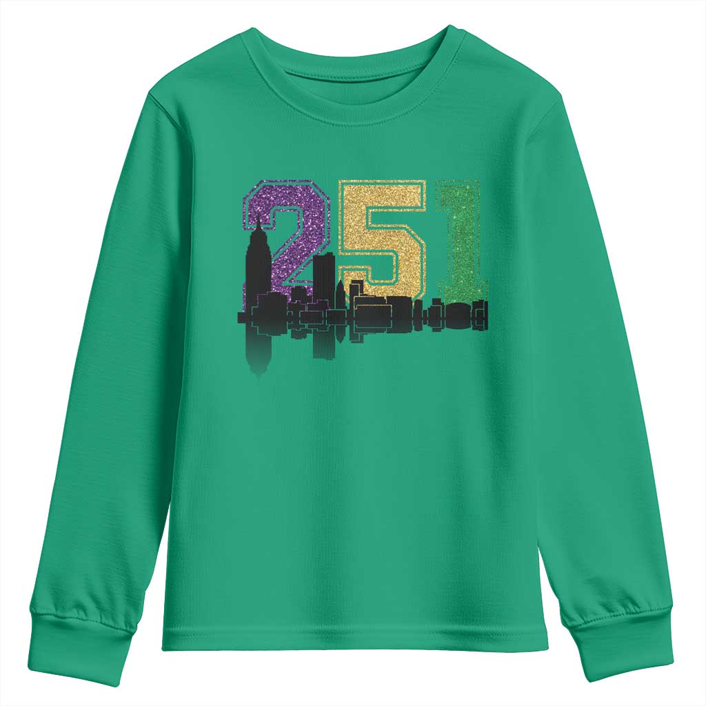 Funny Mardi Gras Mobile Alabama Youth Sweatshirt 251 Skyline Area Code Glitter Print