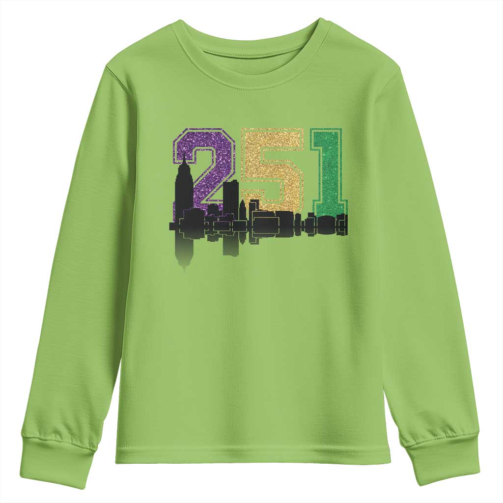Funny Mardi Gras Mobile Alabama Youth Sweatshirt 251 Skyline Area Code Glitter Print