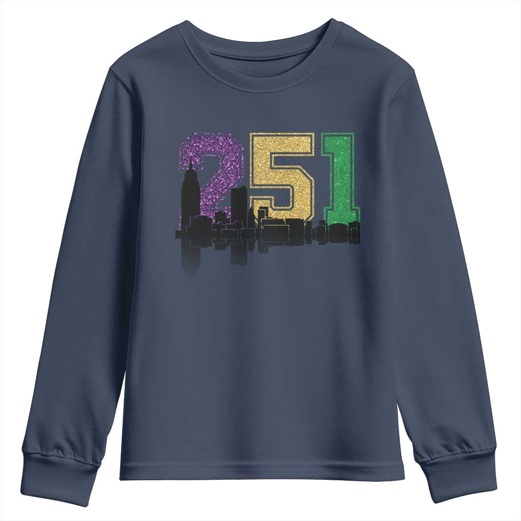 Funny Mardi Gras Mobile Alabama Youth Sweatshirt 251 Skyline Area Code Glitter Print
