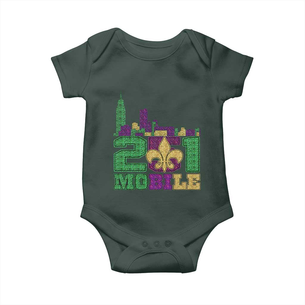 Funny Mardi Gras Mobile Alabama 251 Baby Onesie Skyline Area Code Glitter Print