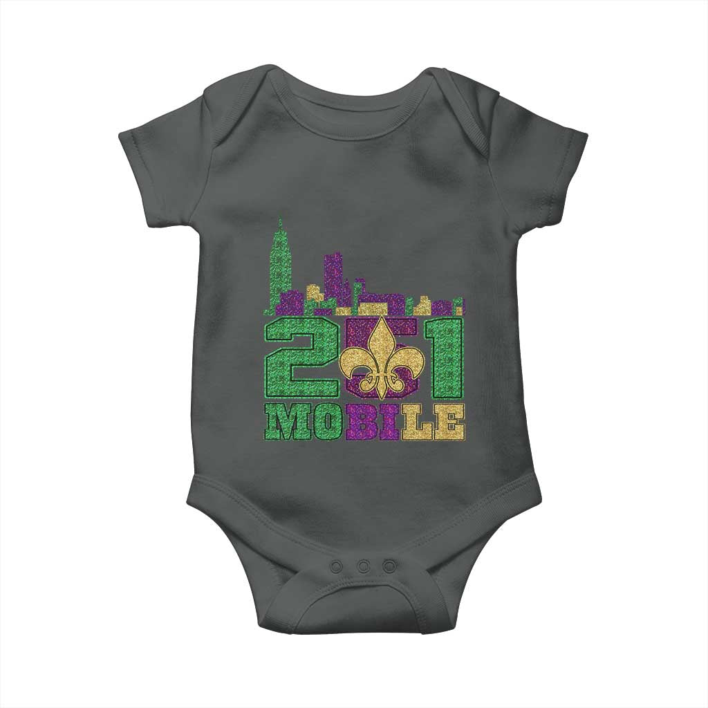 Funny Mardi Gras Mobile Alabama 251 Baby Onesie Skyline Area Code Glitter Print