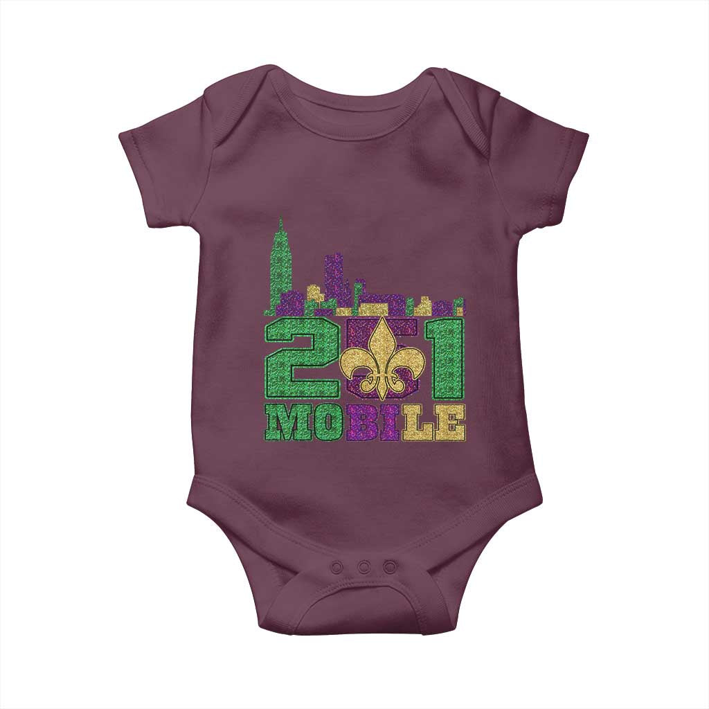 Funny Mardi Gras Mobile Alabama 251 Baby Onesie Skyline Area Code Glitter Print